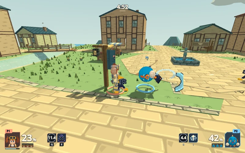 Breakout Brawlers gameplay with fighters in a colorful low-poly village
