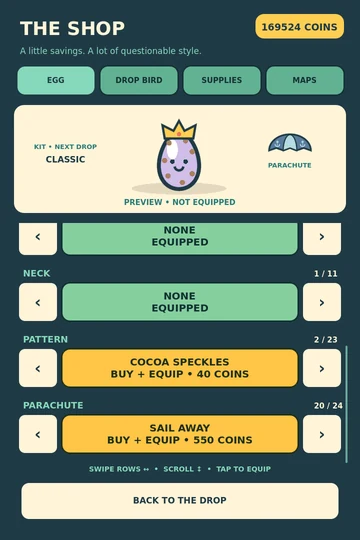 The Egg shop showing a crowned purple egg and individual cosmetic choices.
