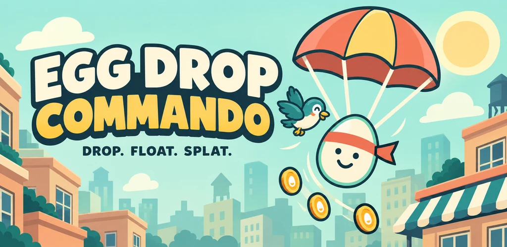 Egg Drop Commando artwork: a cheerful egg parachutes over colorful rooftops beside a flying bird. Drop. Float. Splat.