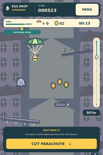 An egg floating under a green parachute between rooftops, with coins below.