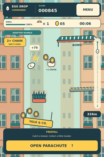 An egg falling past awnings, balconies and coins in Sunny Side District.