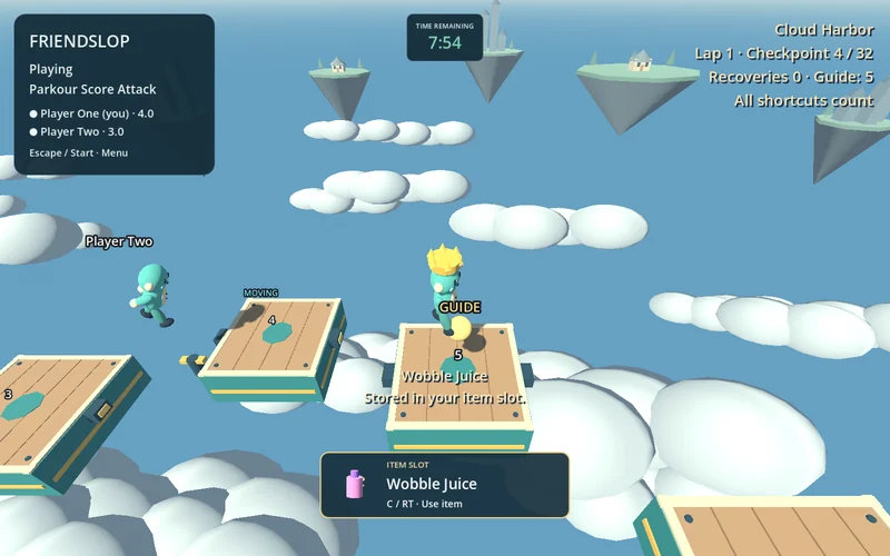 Two Unfinished Friendslop players jumping between platforms above the clouds