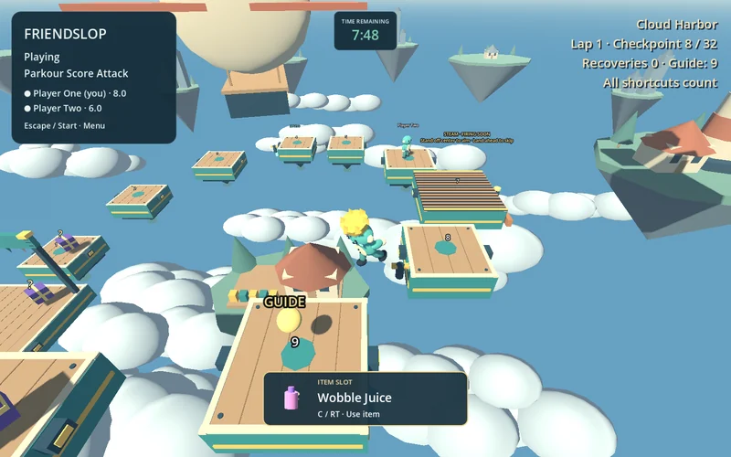 A crowned player navigating a course of floating platforms and islands