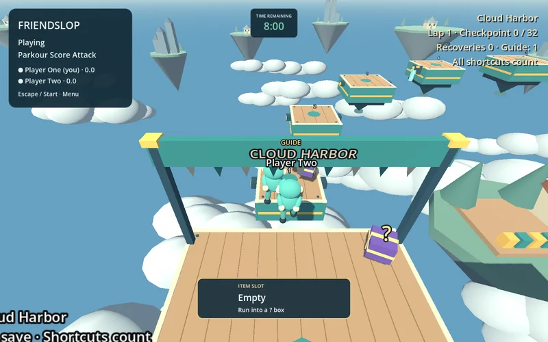 Two connected players setting off together on the Cloud Harbor course