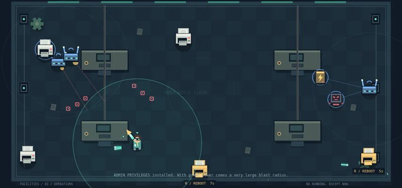 Top-down Ticket Closed combat with office hardware enemies, projectiles, and desks
