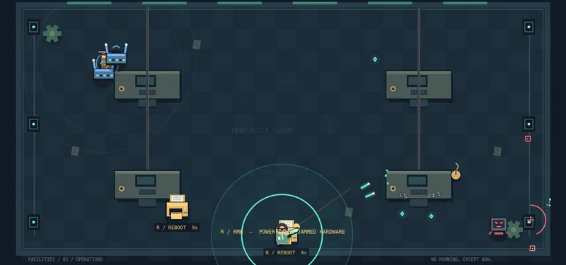 The IT worker firing at hostile hardware while a reboot range surrounds the character